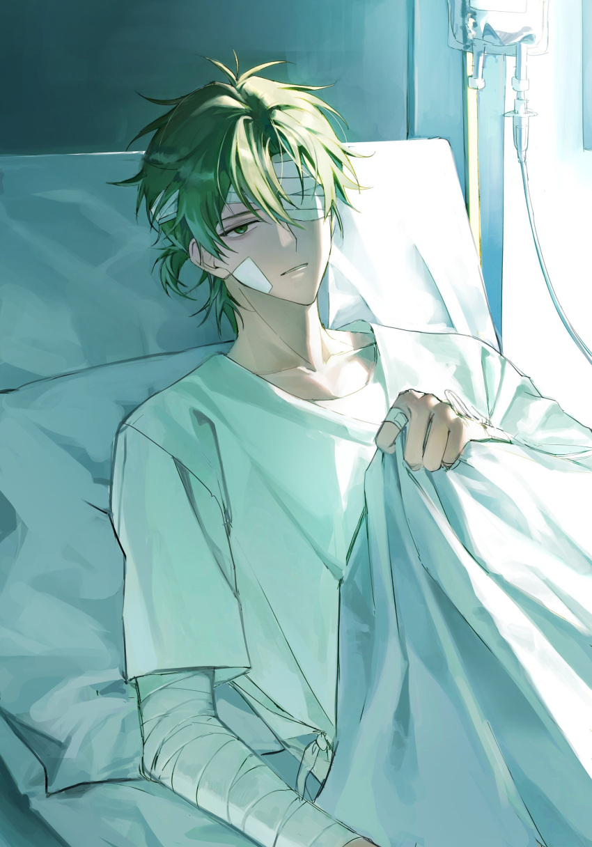 1boy absurdres antenna_hair bandage_over_one_eye bandaged_arm bandaged_head bandages bandaid bandaid_on_cheek bandaid_on_face bandaid_on_hand bed bed_sheet black_eyes black_hair blanket blonde_hair cheng_xiaoshi collarbone dou_lwer eyepatch highres holding holding_blanket hospital_bed hospital_gown indoors injury intravenous_drip korean_commentary looking_at_viewer lying male_focus on_back on_bed one_eye_covered parted_lips pillow ponytail shiguang_dailiren shirt short_hair short_ponytail short_sleeves solo t-shirt under_covers upper_body white_shirt