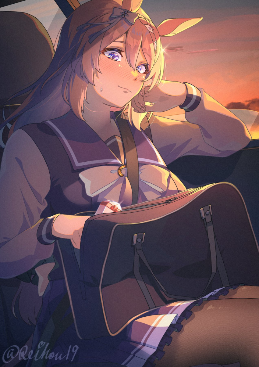 1girl animal_ears bag black_pantyhose blue_eyes blush bow bowtie box box_of_chocolates braid breasts brown_hair car_interior closed_mouth commentary_request ear_bow hair_between_eyes head_rest highres holding holding_box horse_ears horse_girl horse_tail large_breasts long_hair looking_at_viewer multicolored_hair pantyhose pleated_skirt purple_sailor_collar purple_serafuku purple_shirt purple_skirt reihou19 sailor_collar sailor_shirt school_bag school_uniform serafuku shirt skirt sky smile solo streaked_hair super_creek_(umamusume) sweatdrop tail tracen_school_uniform umamusume very_long_hair white_bow white_bowtie white_hair