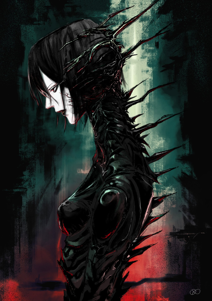 1girl 8zuke black_bodysuit black_hair black_lips blame! bodysuit breasts colored_skin eyeshadow from_side highres makeup painterly red_eyes short_hair small_breasts solo susono_musubi tagme upper_body white_skin