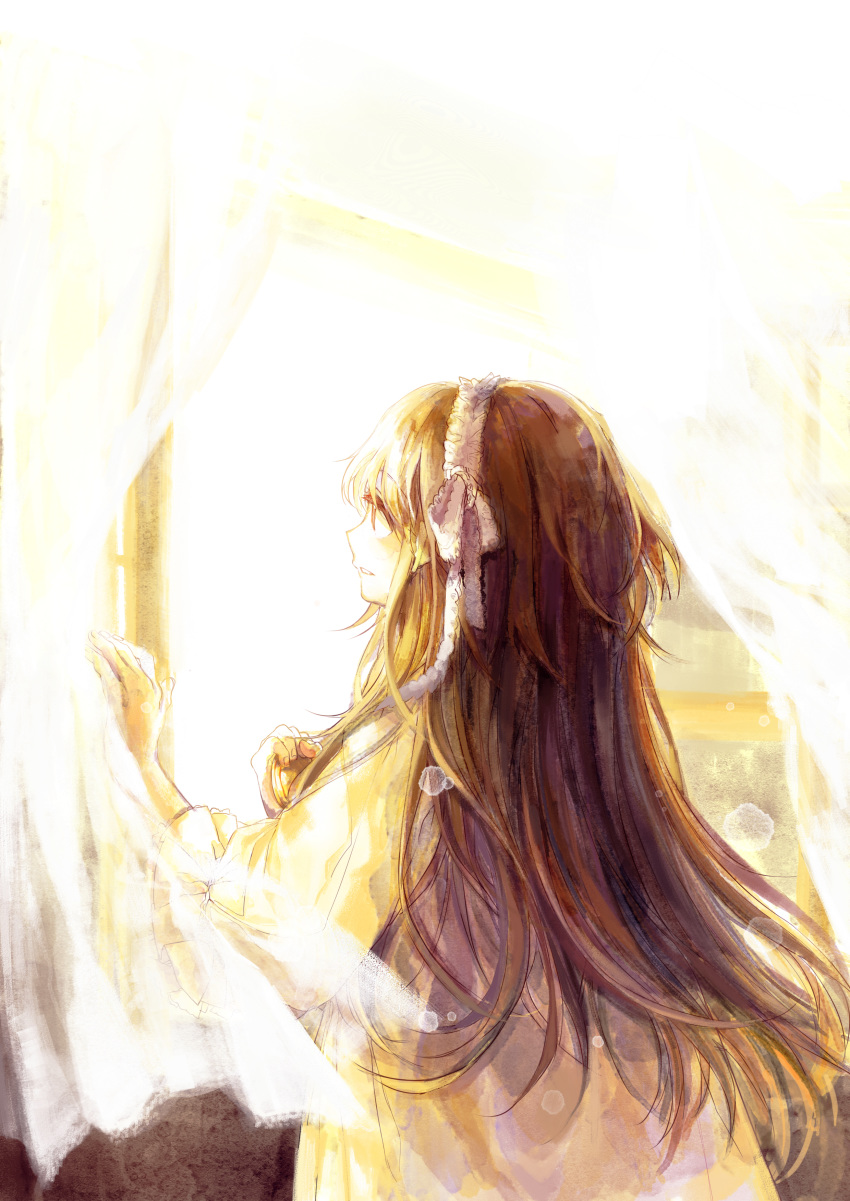 absurdres brown_hair curtains goldia_die_heilige hand_up happy highres indoors kirame_kirai long_hair looking_out_window official_art pocket_mirror pocket_watch solo standing watch white_background window