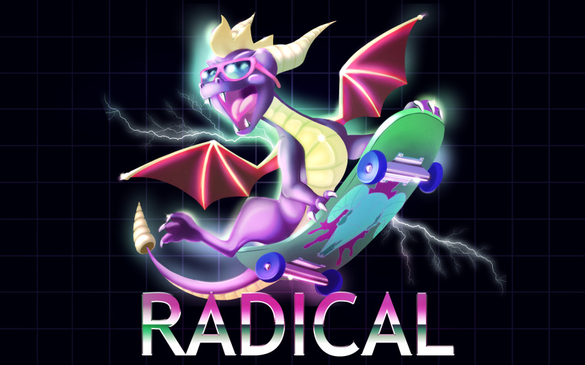 dragon english_text eyewear horn lightning pumpkinsoup purple_body radical skateboard solo spyro spyro_the_dragon sunglasses text video_games wings