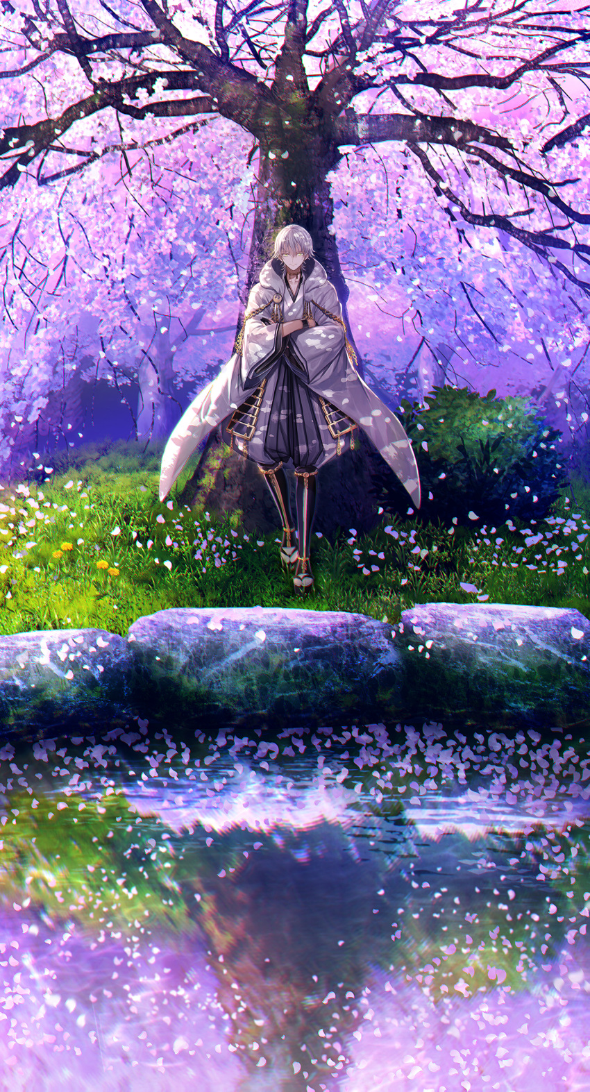 abandon_ranka absurdres armor cherry_blossoms crossed_arms dandelion flower highres hood japanese_armor japanese_clothes male_focus no_reflection petals sandals smile tabi touken_ranbu tree tsurumaru_kuninaga water white_hair yellow_eyes