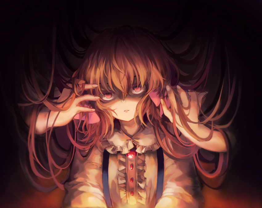 bad_end brown_hair creepy_eyes glowing goldia_die_heilige highres holding holding_hair kirame_kirai long_hair official_art pocket_mirror