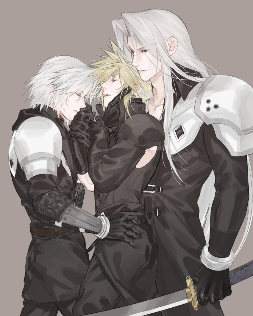 3boys aged_down arm_around_neck armor black_cape black_coat black_gloves black_jacket black_sleeves black_vest blonde_hair cape closed_eyes closed_mouth cloud_strife coat cowboy_shot earrings final_fantasy final_fantasy_vii final_fantasy_vii:_advent_children final_fantasy_vii:_ever_crisis furrowed_brow gloves grey_background grey_hair hair_between_eyes hand_on_another's_chin hand_on_another's_waist hashtag-only_commentary highres holding holding_hands holding_sword holding_weapon huaihecc jacket jewelry kiss kissing_hand long_hair male_focus masamune_(ff7) multiple_boys parted_bangs parted_lips pauldrons ribbed_vest sephiroth sephiroth_(ever_crisis) short_hair shoulder_armor single_earring single_pauldron single_sleeve struggling sword time_paradox vambraces vest waist_cape weapon yaoi