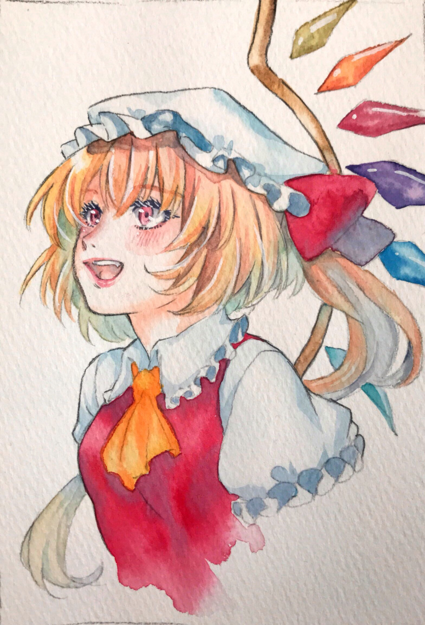 1girl askot blonde_hair bow eyebrows_visible_through_hair flandre_scarlet hat hat_bow mob_cap neckwear open_mouth puffy_sleeves red_bow red_eyes selenium short_puffy_sleeves short_sleeves simple_background solo touhou traditional_media watercolor_(medium) white_background white_hat yellow_neckwear
