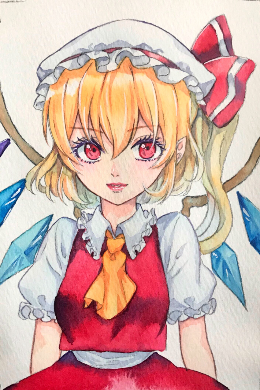 1girl askot blonde_hair bow eyebrows_visible_through_hair flandre_scarlet hat hat_bow looking_at_viewer mob_cap neckwear puffy_sleeves red_bow red_eyes selenium short_puffy_sleeves short_sleeves simple_background solo touhou traditional_media watercolor_(medium) white_background white_hat yellow_neckwear