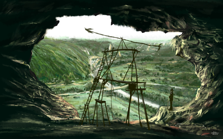 cane cave commentary_request day ladder male_focus nature ondadoor original outdoors river road scenery signature valley