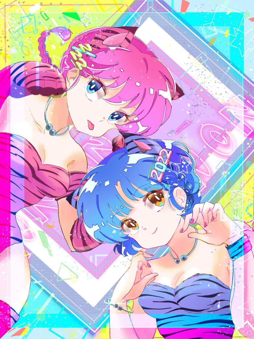 2022 2girls animal_ears animal_hands animal_print blue_eyes blue_hair braid breasts cleavage closed_mouth commentary_request en_0410 highres leotard multiple_girls pale_skin paw_pose pink_hair pink_leotard pink_nails ranma-chan ranma_1/2 short_hair single_braid smile striped_fur striped_hair tail tendou_akane tiger_ears tiger_girl tiger_paws tiger_print tiger_stripes tiger_tail tongue tongue_out yellow_eyes
