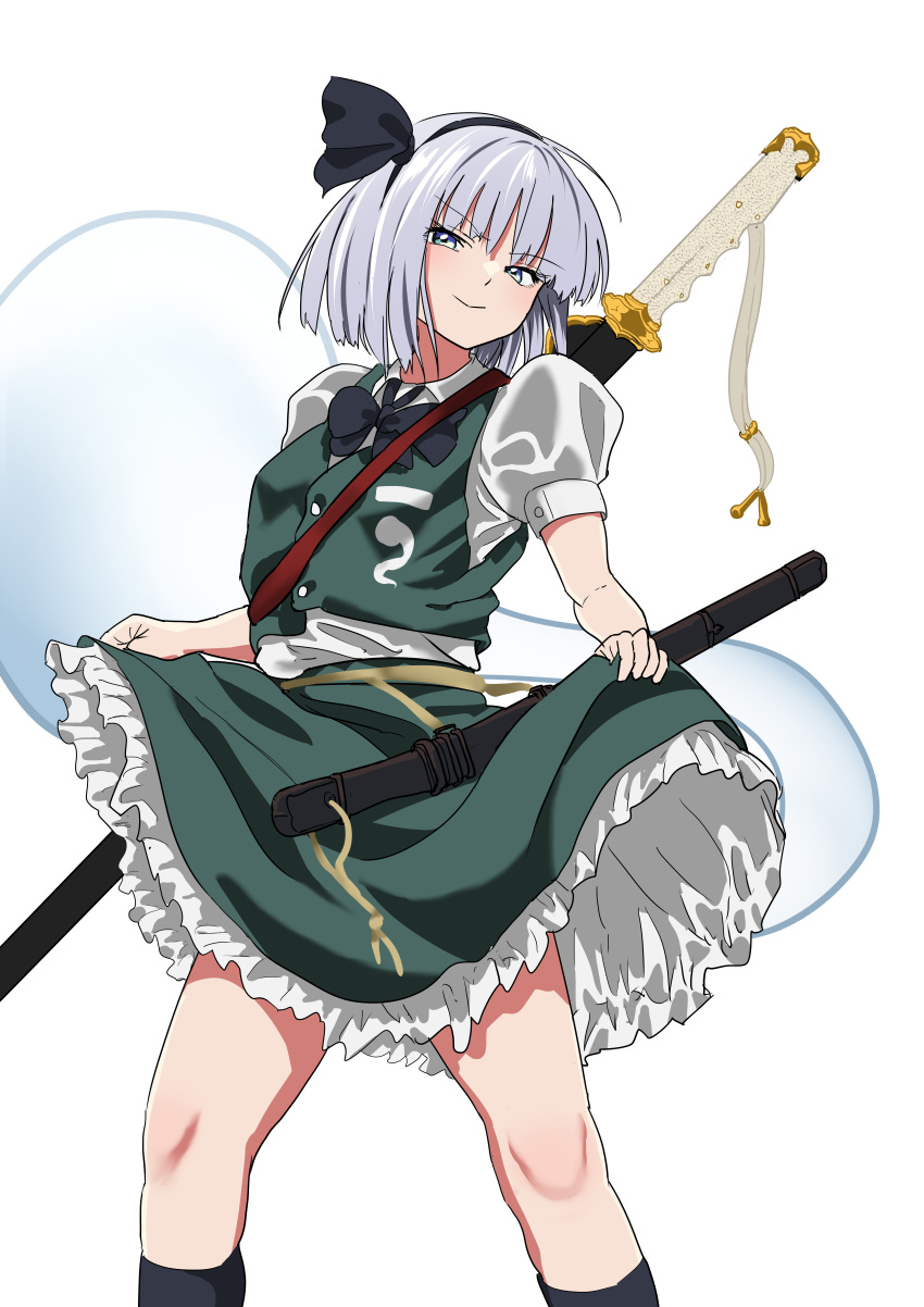 1girl absurdres black_bow black_bowtie black_socks bow bow_hairband bowtie commentary_request frilled_skirt frills green_skirt green_vest hairband highres hitodama_print konpaku_youmu konpaku_youmu_(ghost) looking_at_viewer print_vest puffy_short_sleeves puffy_sleeves sheath sheathed shirt short_hair short_sleeves simple_background skirt skirt_hold socks solo touhou vest white_background white_hair white_shirt yuri_kowashi_(tetsukabuto_nuranura)