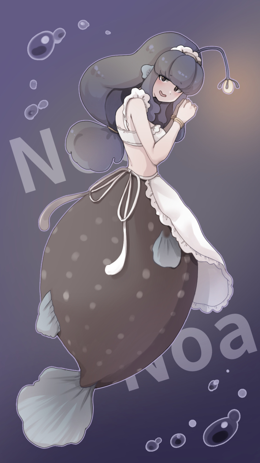 1girl air_bubble anglerfish_girl antennae apron bandeau bare_shoulders bioluminescence black_background black_hair blunt_bangs bracelet breasts bubble commentary_request fins full_body glowing head_fins highres jewelry komena_(shinyday312) long_hair looking_at_viewer low-tied_long_hair maid maid_apron maid_headdress medium_breasts mermaid midriff monster_girl open_mouth original own_hands_together sidelocks smile solo underwater white_apron white_bandeau