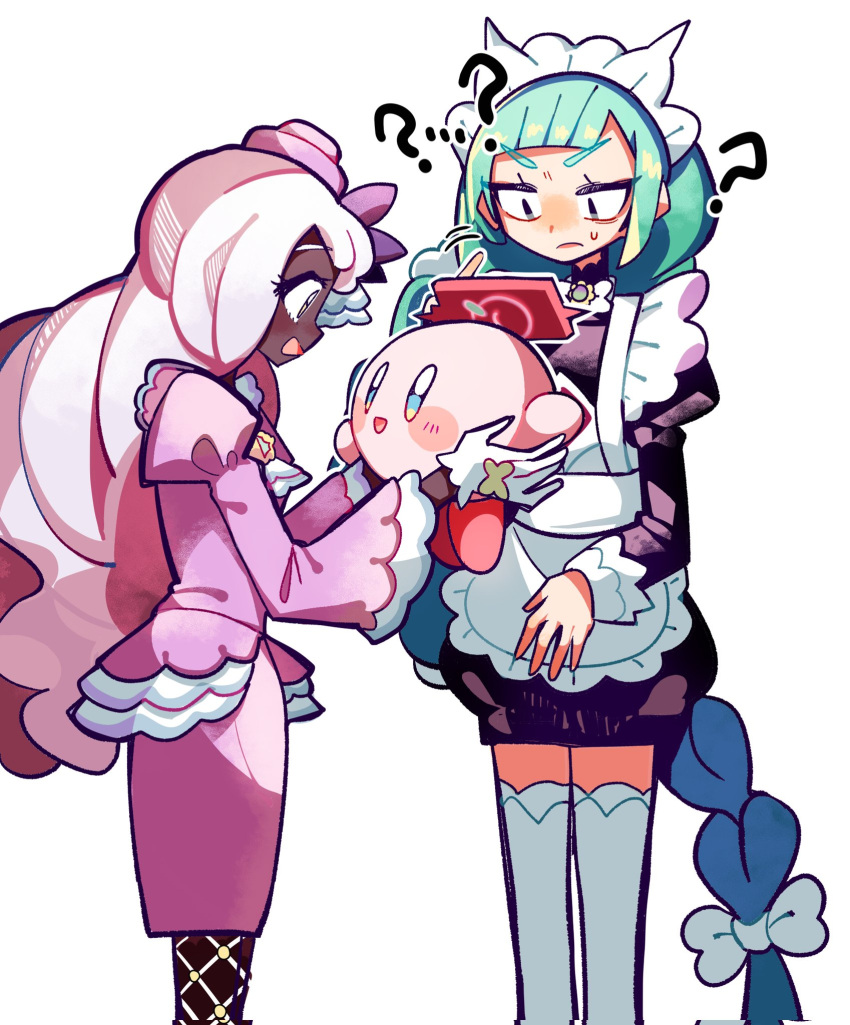 ...? 2girls :d ? ?? apron ascot black_romper blunt_bangs bow bowtie braid braided_ponytail crossover dark-skinned_female dark_skin dress fascinator fishnets frilled_ascot frills green_hair highres jacinthe_(pokemon) juliet_sleeves kirby kirby_(series) lebanne_(pokemon) long_hair long_sleeves looking_at_another low_drills maid_apron maid_headdress mega_stone melt74888829 multiple_girls open_mouth pink_hair pokemon pokemon_legends:_z-a puffy_sleeves purple_dress purple_eyes romper rotom rotom_phone simple_background smile standing thighhighs upper_body white_background white_bow white_bowtie white_thighhighs