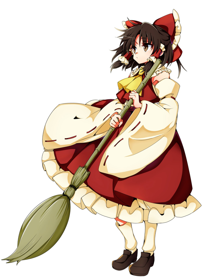 armpits ascot baba_(baba_seimaijo) bow broom brown_eyes brown_hair commentary detached_sleeves frills full_body hair_bow hair_tubes hakurei_reimu highres loafers medium_hair red_bow ribbon-trimmed_sleeves ribbon_trim shoes sidelocks solo touhou white_background wide_sleeves