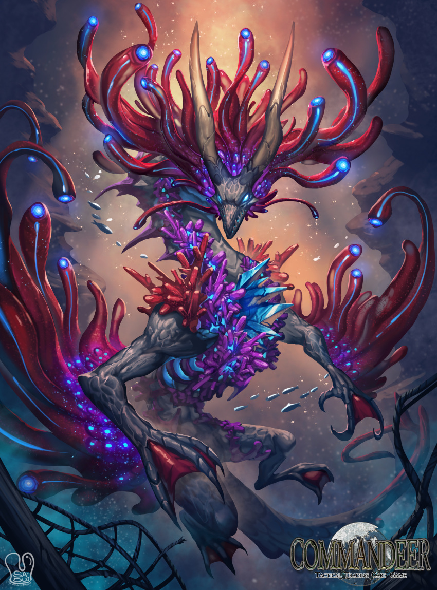 blue_eyes commandeer commentary_request commission copyright_name coral coral_reef_dragon dragon fish highres no_humans sa-dui sharp_teeth signature teeth underwater webbed_hands