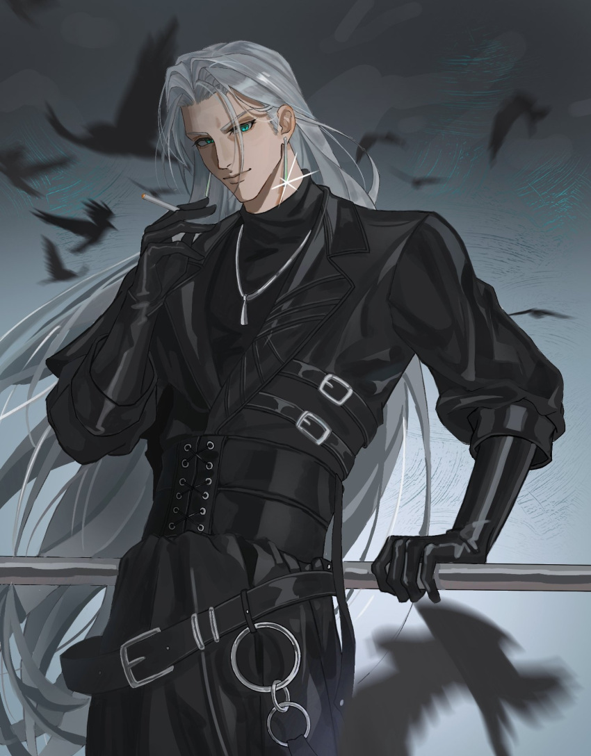 1boy against_railing aqua_eyes bird black_bird black_coat black_gloves black_shirt cigarette coat commentary_request cowboy_shot dissidia_duellum_final_fantasy dissidia_final_fantasy earrings final_fantasy final_fantasy_vii gloves grey_hair highres holding holding_cigarette jewelry jinliluckycharm light_smile long_coat long_hair male_focus necklace official_alternate_costume parted_bangs railing sephiroth shirt slit_pupils smoking solo sparkle