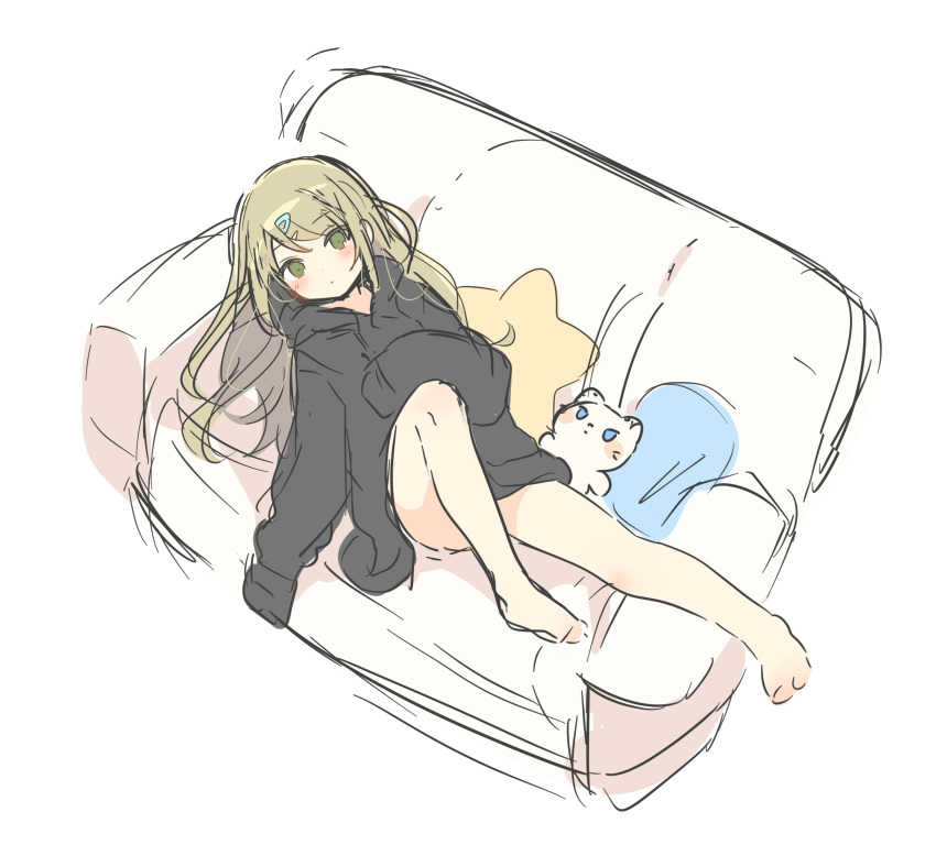 bad_id bad_pixiv_id bangs bare_legs barefoot black_hoodie blush closed_mouth couch eyebrows_visible_through_hair green_eyes hair_ornament hairclip highres hood hood_down hoodie light_brown_hair long_hair long_sleeves looking_at_viewer mafuyu_(chibi21) on_couch original pillow sketch sleeves_past_fingers sleeves_past_wrists solo star star_pillow stuffed_animal stuffed_cat stuffed_toy very_long_hair