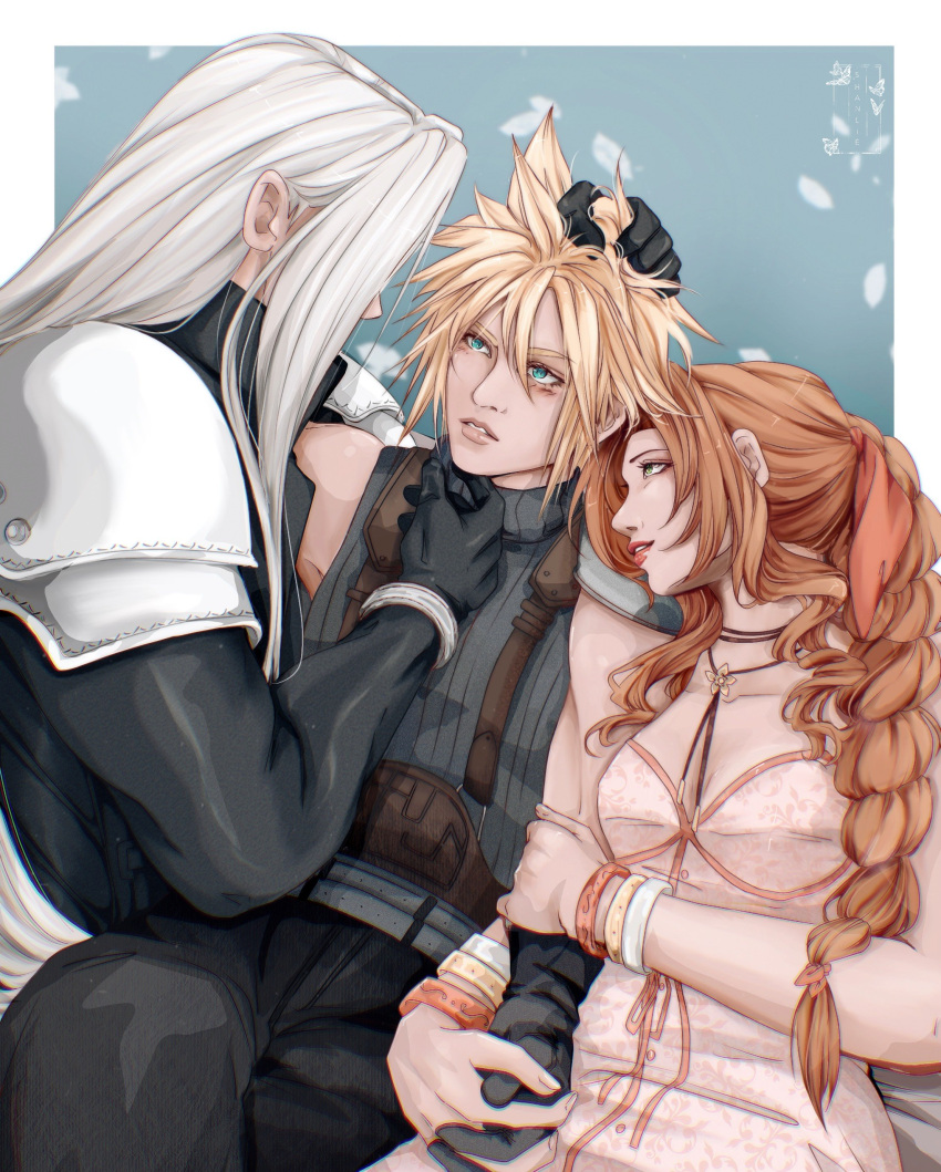 1girl 2boys absurdres aerith_gainsborough aqua_eyes armor bangle belt bisexual_male black_coat black_gloves black_pants black_shirt blonde_hair blue_background border bracelet breasts brown_belt brown_hair choker cleavage cloud_strife coat dress falling_petals final_fantasy final_fantasy_vii final_fantasy_vii_rebirth final_fantasy_vii_remake flower_choker gloves green_eyes grey_hair hair_between_eyes hair_over_shoulder hair_ribbon hand_in_another's_hair hand_on_another's_chin hetero highres holding_another's_arm holding_hands interlocked_fingers jewelry long_bangs long_hair medium_breasts multiple_belts multiple_boys pants parted_bangs parted_lips pauldrons petals pink_dress pink_ribbon ribbed_shirt ribbon sephiroth shanlieart shirt shoulder_armor sidelocks single_bare_shoulder single_pauldron spiked_hair suspenders upper_body white_border