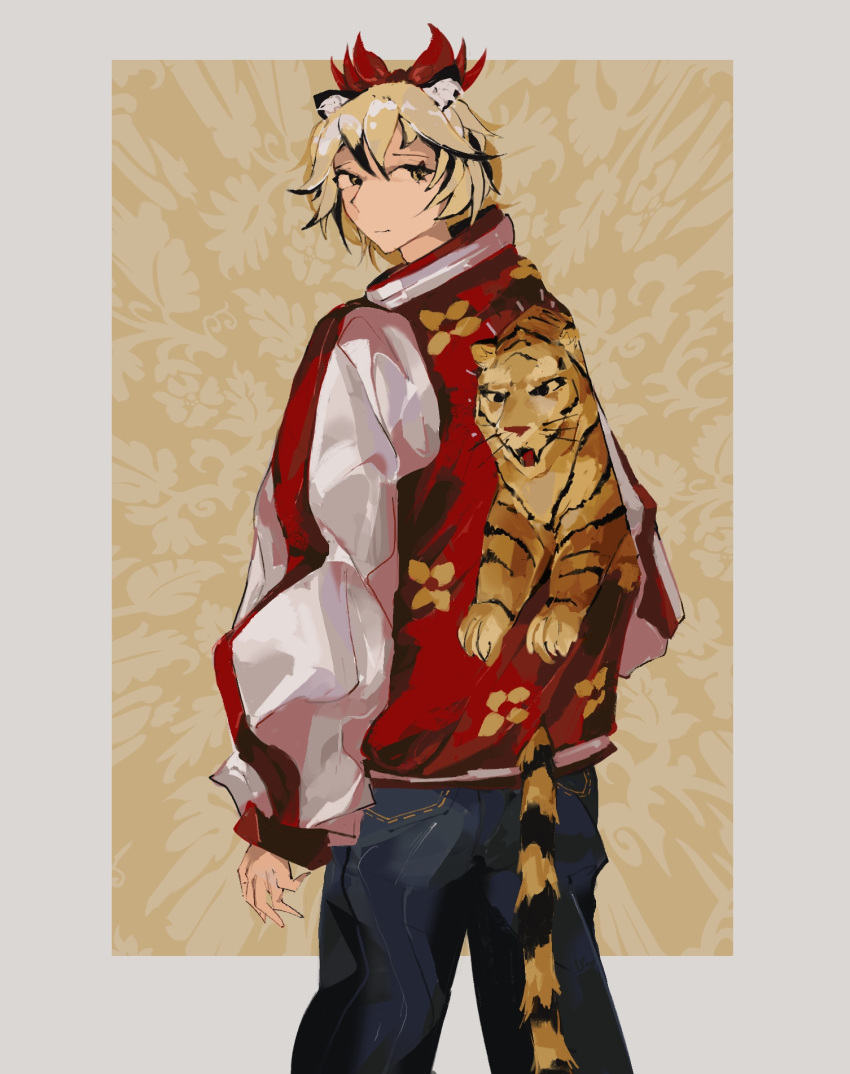 1girl alternate_costume animal_ear_fluff animal_ears animal_print background_request blonde_hair blue_pants border brown_background closed_mouth commentary commission cowboy_shot denim double-parted_bangs english_commentary floral_print from_behind grey_border hair_between_eyes highres jacket jeans kemonomimi_mode light_smile llamas_yes long_sleeves looking_at_viewer looking_back pants puffy_long_sleeves puffy_sleeves red_headdress red_jacket red_sleeves short_hair solo spiked_hair tail tiger_ears tiger_girl tiger_print tiger_tail toramaru_shou touhou turning_head vertical-striped_sleeves white_sleeves yellow_eyes