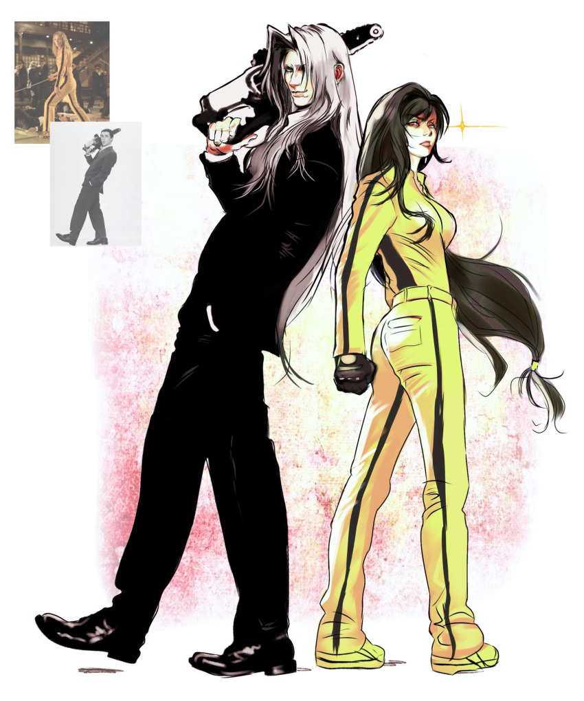 1boy 1girl beatrix_kiddo beatrix_kiddo_(cosplay) black_gloves black_pants black_suit bruce_lee's_jumpsuit chainsaw cosplay final_fantasy final_fantasy_vii gloves highres holding holding_chainsaw kill_bill lockhartpng pants sephiroth suit tagme tifa_lockhart track_suit yellow_pants yellow_track_suit