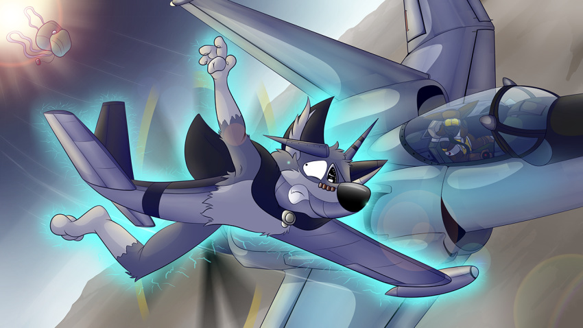 4_fingers aircraft airplane ambiguous_gender ambiguous_species animate_inanimate anthro canine cape clothing duo fox inanimate_transformation living_aircraft living_machine machine male mammal midair parachute shindenwolf transformation what