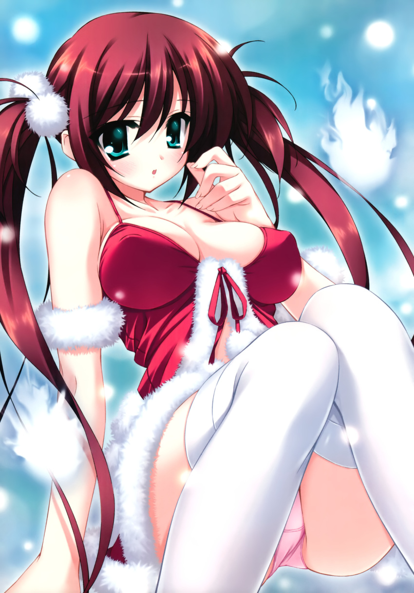 1girl airi_(queen's_blade) arm_support babydoll blue_eyes blush breasts christmas cleavage erect_nipples female large_breasts nipples official_art panties queen's_blade red_hair solo thighhighs thighs tied_hair twintails