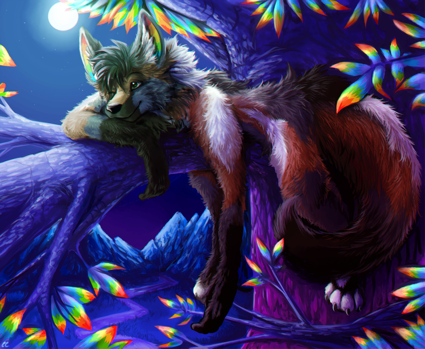 2018 amazing_background anthro black_nose brown_fur canine chibity claws colorful detailed_background dog fluffy fluffy_tail fur german_shepherd green_eyes in_tree male mammal moon moonlight mountain multicolored_fur night nude one_eye_closed relaxing ritter solo toe_claws tree