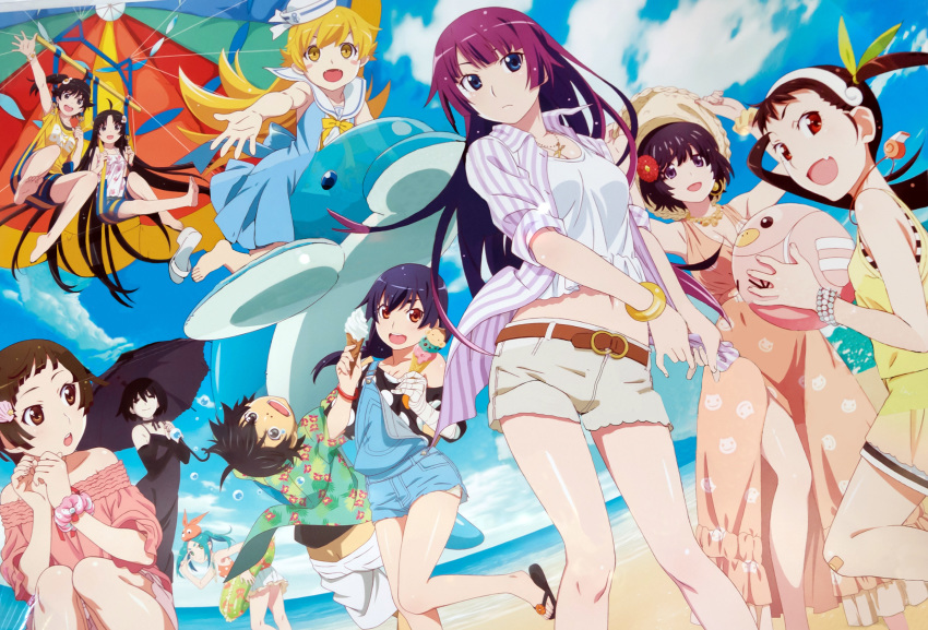 6+girls :d absurdly_long_hair absurdres ahoge araragi_karen araragi_koyomi araragi_tsukihi arms_up ass ball barefoot beach beachball belt black_dress black_gloves black_hair black_shorts black_umbrella blonde_hair blue_dress blue_eyes blue_shirt blue_sky bow bowtie bracelet breasts brown_hair choker cleavage cloud day dolphin dress elbow_gloves floating_hair flower food gloves green_ribbon grey_shorts hachikuji_mayoi hair_flower hair_ornament hair_ribbon hairband hanekawa_tsubasa hat highres holding holding_ball holding_food holding_umbrella ice_cream jewelry kanbaru_suruga leg_up long_dress long_hair long_legs looking_at_viewer medium_breasts midriff miniskirt monogatari_(series) multiple_girls navel necklace ocean ononoki_yotsugi open_mouth orange_dress oshino_ougi oshino_shinobu outdoors outstretched_arm purple_hair red_eyes red_flower ribbon sengoku_nadeko senjougahara_hitagi shiny shiny_skin shirt short_hair short_shorts short_sleeves shorts side_ponytail sitting skirt sky sleeveless sleeveless_dress sleeveless_shirt smile standing standing_on_one_leg stomach striped_jacket twintails umbrella vertical-striped_jacket very_long_hair watanabe_akio white_flower white_hairband white_hat white_shirt white_shorts white_skirt wrist_cuffs yellow_bow yellow_eyes yellow_hat yellow_neckwear yellow_shirt