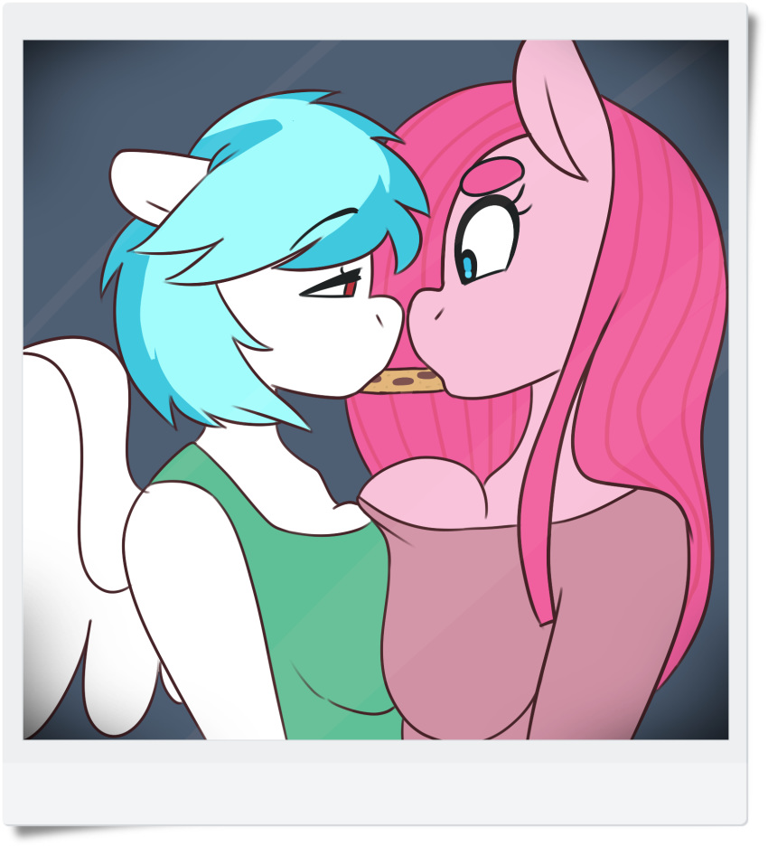 2015 anthro anthrofied big_breasts breast_squish breasts cookie dessert duo earth_pony equine eye_contact fan_character feathered_wings feathers female food friendship_is_magic hi_res horse huge_breasts mammal my_little_pony pegasus pinkamena_(mlp) pinkie_pie_(mlp) pocky_game pony somescrub squeaky_clean white_feathers wings
