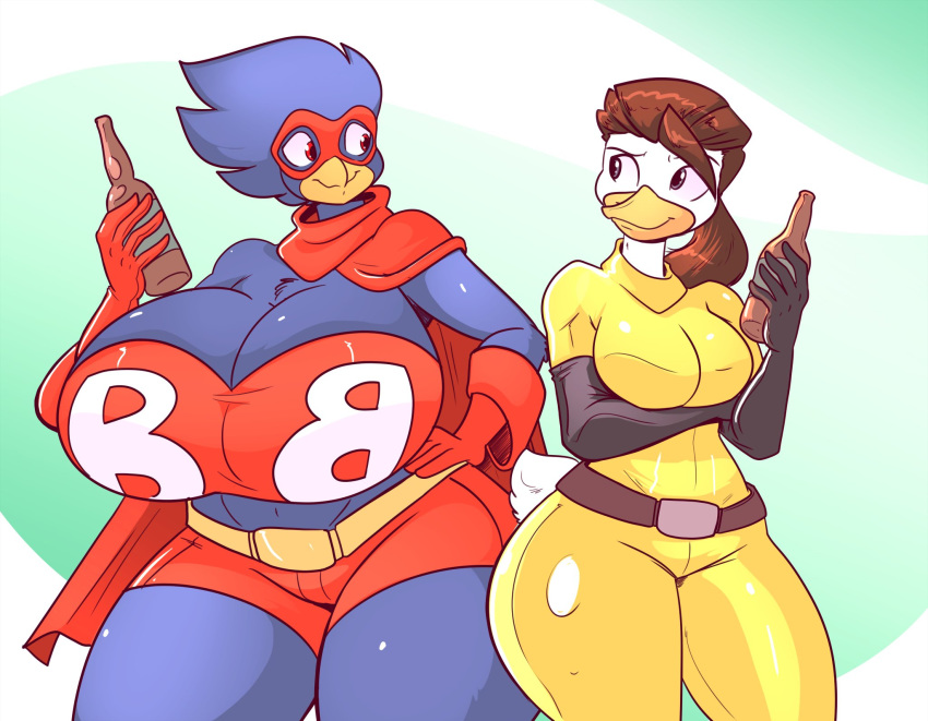 alcohol anthro avian beak beverage big_breasts bird breasts brown_hair busty_bird corvid crow duck duo female hair huge_breasts jaeh simple_background wide_hips