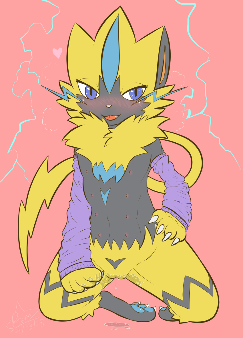 &lt;3 2018 blue_eyes blush claws digital_media_(artwork) electricity feline female feral fur looking_at_viewer mammal multi_nipple nintendo nipples open_mouth pok&eacute;mon pok&eacute;mon_(species) pussy pussy_juice rymherdier simple_background smile solo toe_claws video_games yellow_fur zeraora