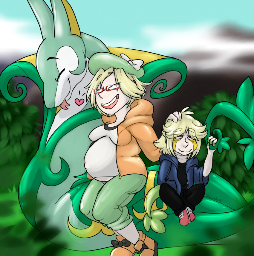 &lt;3 amanda_(artist) ambiguous_gender bianca_(pok&eacute;mon) blonde_hair clothing eyewear female glasses green_scales hair hat human hybrid male mammal nintendo not_furry pok&eacute;mon pok&eacute;mon_(species) pregnant scales serperior smile snivy video_games white_scales