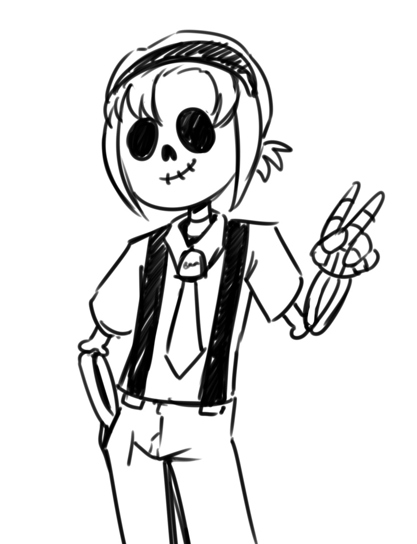 anaugi animated_skeleton black_and_white bone crossgender hairband hi_res humanoid line_art male monochrome monster_girl_gamu necktie not_furry skeleton skelly smile solo suspenders undead v_sign