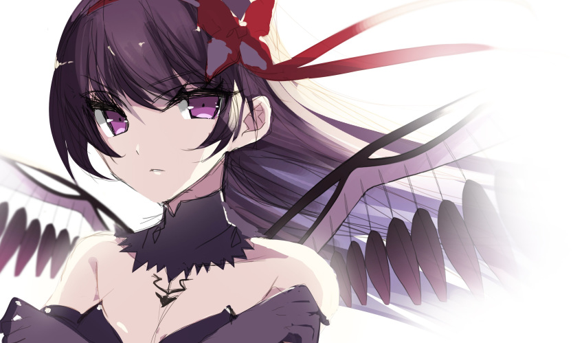 absurdres akemi_homura akuma_homura bad_id bad_twitter_id bare_shoulders breasts cleavage crossed_arms eyebrows_visible_through_hair hair_ribbon highres mahou_shoujo_madoka_magica mahou_shoujo_madoka_magica_movie misteor purple_eyes purple_hair red_ribbon ribbon sketch small_breasts solo upper_body white_background wings