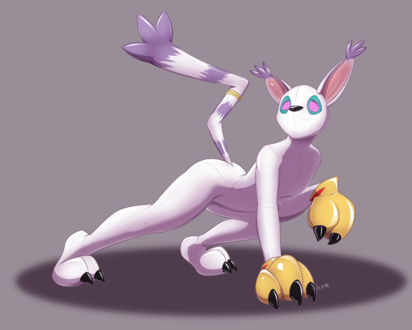 2016 2_toes 3_fingers anthro black_claws black_nose bodysuit claws clothed clothing costume digimon digital_drawing_(artwork) digital_media_(artwork) feline gatomon helixjack male mammal pink_eyes rubber shiny simple_background skinsuit solo spiral spiral_eyes stripes tight_clothing toes