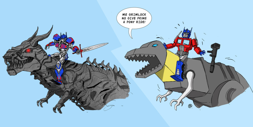 autobot blue_eyes claws comic cybertronian darrenrawlings dialogue dinobots dinosaur duo english_text grimlock gun holding_object holding_weapon horn humanoid humor machine male melee_weapon open_mouth optimus_prime ranged_weapon red_eyes riding robot scalie simple_background sword teeth text theropod transformers tyrannosaurus_rex weapon