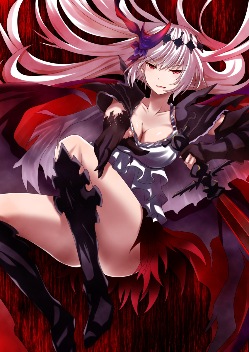 :d ayasato_karen black_footwear black_gloves boots breasts cleavage collarbone dark_jeanne detached_sleeves eyebrows_visible_through_hair floating_hair gloves granblue_fantasy hair_between_eyes hair_ornament highres holding holding_sword holding_weapon jeanne_d'arc_(granblue_fantasy) knee_boots large_breasts long_hair looking_at_viewer miniskirt open_mouth red_eyes red_skirt shiny shiny_skin shirt silver_hair skirt smile solo sword torn_clothes torn_gloves very_long_hair weapon white_shirt