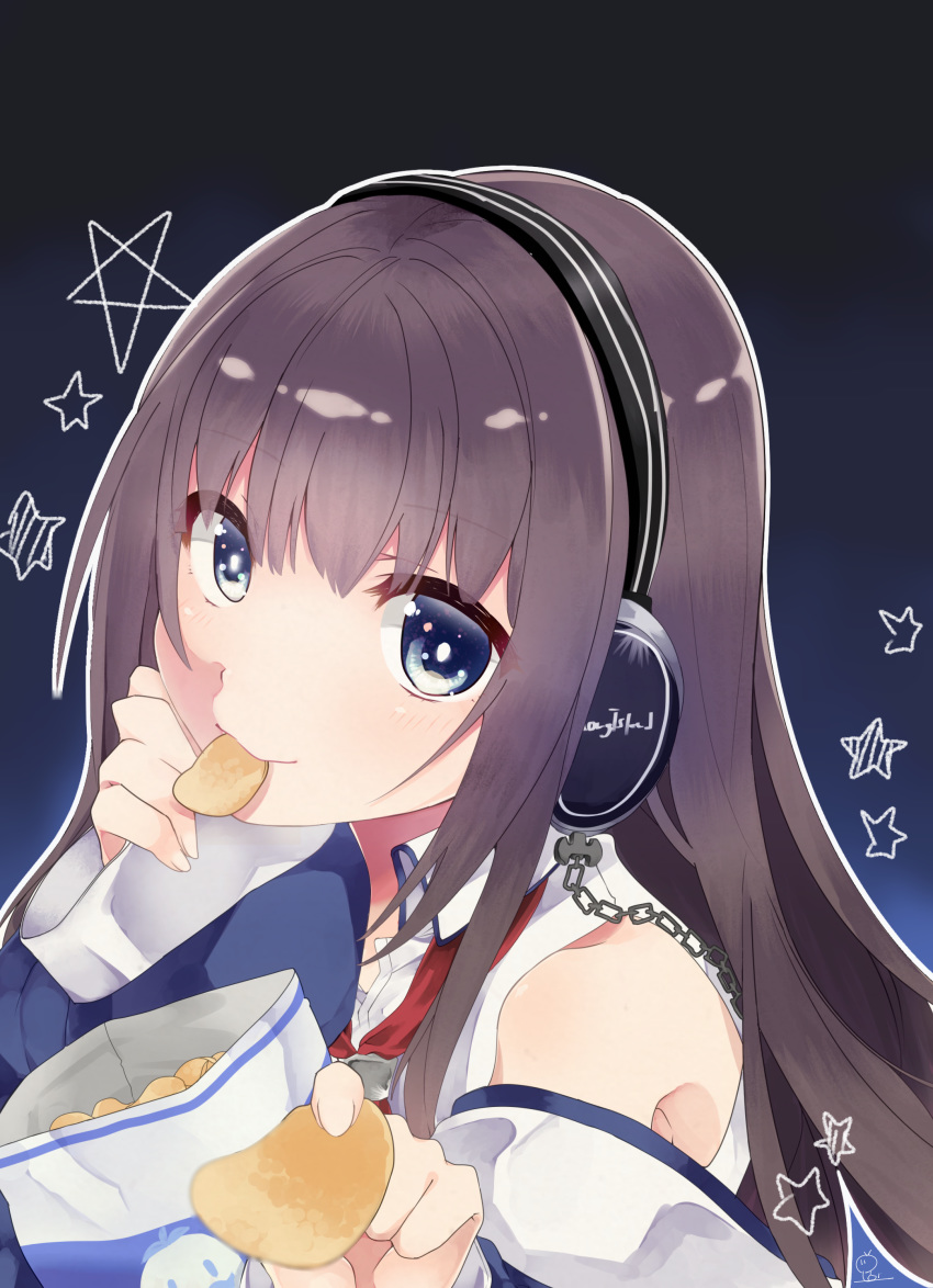absurdres azur_lane black_hair chips commentary_request feeding food headphones highres imomushi_(iimomushii) long_hair long_island_(azur_lane) looking_at_viewer mouth_hold potato_chips pov_feeding remodel_(azur_lane) shaft_look silver_eyes simple_background smile snack solo star starry_background