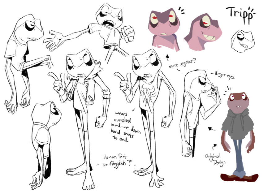 amphibian annoyed anthro clothed clothing colored english_text feet flookz frog fully_clothed hoodie humanoid_feet jacket jeans line_art male multiple_poses pants plantigrade pointing pose shirt sketch_page slim smile solo t-shirt tank_top text tripp