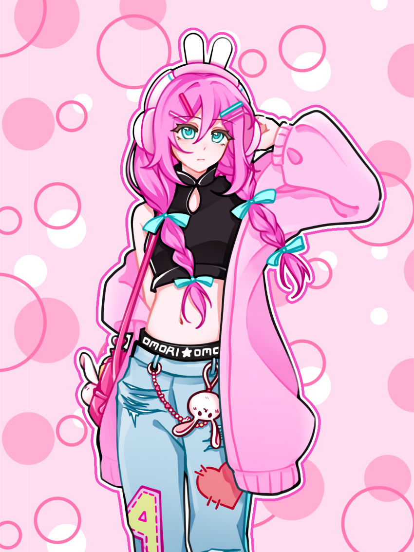1girl absurdres adjusting_headphones animal_ear_headphones animal_ears aqua_bow arm_behind_back aubrey_(birthday)_(omori) aubrey_(faraway)_(omori) aubrey_(omori) bag belt black_belt black_shirt blue_pants bow braid breasts cardigan chinese_commentary circle closed_mouth clothes_writing clothing_cutout commentary_request copyright_name cowboy_shot cupcake_bunny_(omori) denim double-parted_bangs expressionless fake_animal_ears forest_bunny?_(omori) hair_between_eyes hair_bow hair_ornament hair_over_shoulder hairclip hand_up headphones highres jeans light_frown long_hair long_sleeves looking_at_viewer low_twin_braids midriff navel official_alternate_costume official_alternate_hairstyle omori open_cardigan open_clothes outline pants parallel_hairclips pink_background pink_bag pink_cardigan pink_hair pink_outline pink_theme puffy_long_sleeves puffy_sleeves rabbit_ear_headphones rabbit_ears rainbrey_0801 shirt shoulder_bag simple_background single_bare_shoulder sleeveless sleeveless_shirt sleeveless_turtleneck small_breasts solo standing star_(symbol) tareme torn_clothes torn_jeans torn_pants turning_head turtleneck turtleneck_shirt twin_braids white_outline