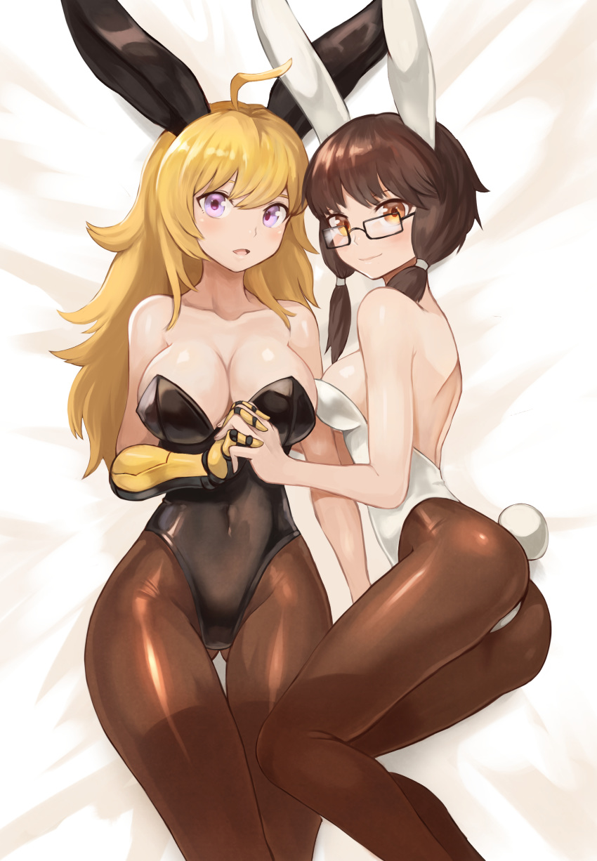 absurdres ahoge animal_ears ass ass_visible_through_thighs backless_outfit bare_shoulders black-framed_eyewear black_leotard blonde_hair breasts brown_eyes brown_hair brown_legwear bunny_ears bunny_girl bunny_tail bunnysuit character_request closed_mouth commentary commission covered_navel english_commentary glasses highres holding_hands interlocked_fingers large_breasts leotard long_hair lying medium_breasts multiple_girls on_back on_side orange_eyes pantyhose prosthesis prosthetic_arm purple_eyes rwby sidelocks smile sookmo strapless strapless_leotard tail thigh_gap thighs white_leotard yang_xiao_long
