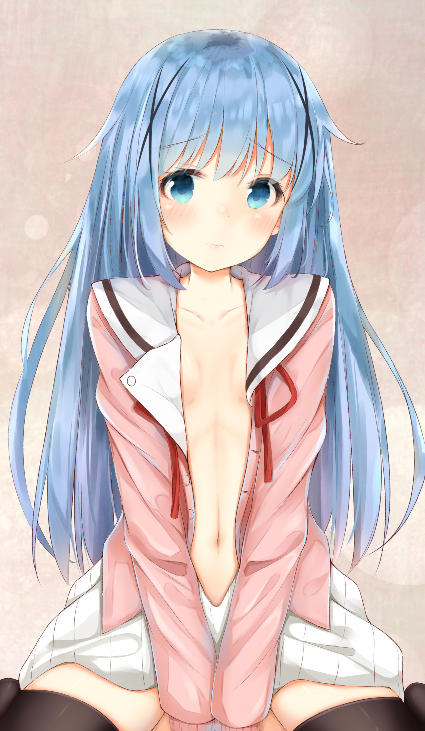 absurdres bad_id bad_pixiv_id bangs black_legwear blue_eyes blue_hair blush breasts breasts_apart closed_mouth collarbone dress eyebrows_visible_through_hair frown gochuumon_wa_usagi_desu_ka? hair_ornament highres kafuu_chino long_hair long_sleeves meme_attire navel no_bra nose_blush pink_shirt plaid red_ribbon ribbon sailor_collar sashima shiny shiny_hair shirt sitting small_breasts solo stomach straight_hair sweater sweater_dress thighhighs unbuttoned unbuttoned_shirt very_long_hair wardrobe_error white_sailor_collar x_hair_ornament zettai_ryouiki