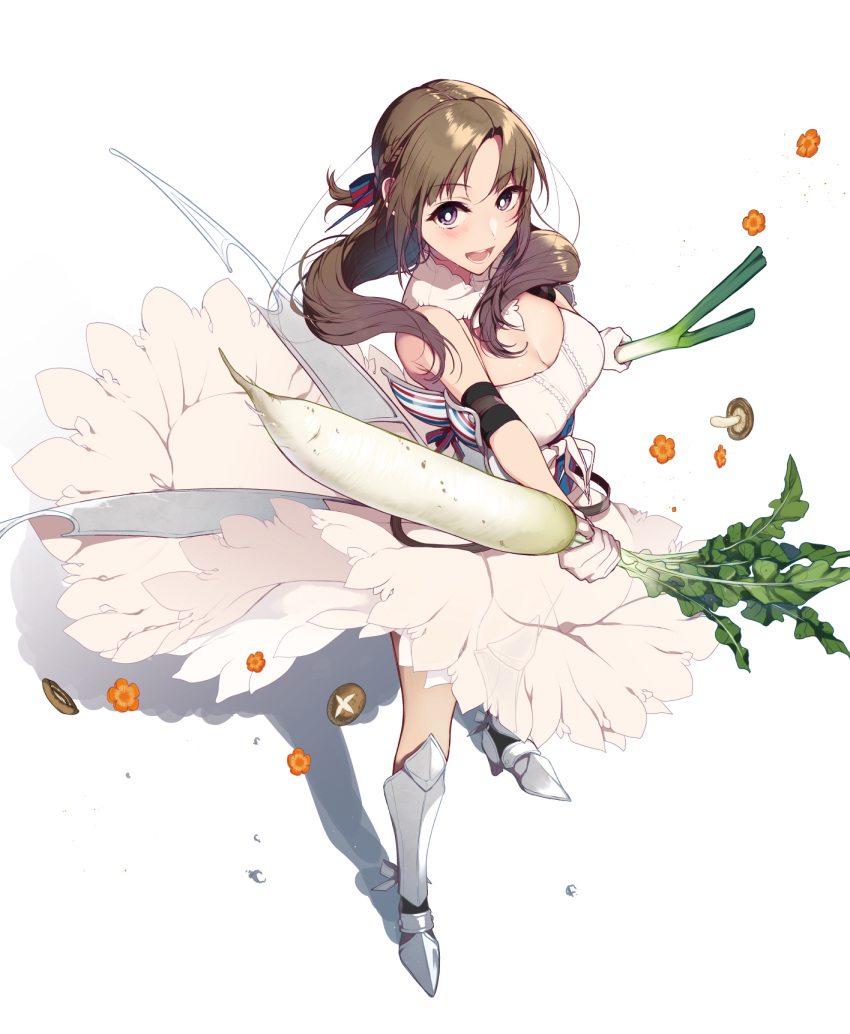 :d armored_boots bare_shoulders boots braid breasts brown_hair commentary daikon elbow_pads full_body hair_ribbon highres long_hair looking_at_viewer medium_breasts mushroom oosuki_mamako open_mouth pochi_(pochi-goya) purple_eyes ribbon simple_background smile solo spring_onion tsuujou_kougeki_ga_zentai_kougeki_de_ni-kai_kougeki_no_okaasan_wa_suki_desu_ka? white_background