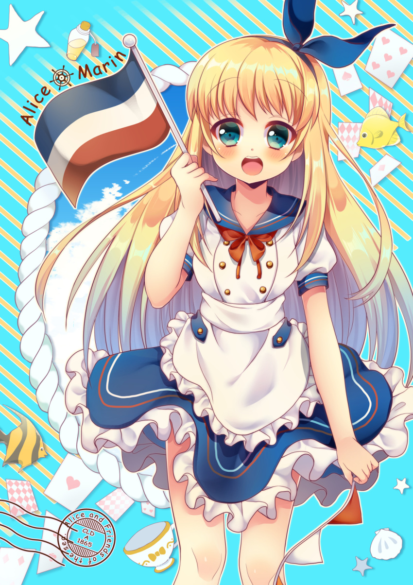:d animal apron bangs blonde_hair blue_hairband blue_ribbon blue_sailor_collar blue_sky blush bow breasts card cloud club_(shape) collarbone commentary_request cup diagonal-striped_background diagonal_stripes diamond_(shape) eyebrows_visible_through_hair fish flag frilled_apron frilled_skirt frills green_eyes hair_ribbon hairband hand_up heart highres holding holding_flag long_hair medium_breasts open_mouth original pennant pk_(mukasihasakana) playing_card puffy_short_sleeves puffy_sleeves red_bow ribbon sailor_collar seashell shell shirt short_sleeves skirt sky smile solo spade_(shape) star string_of_flags striped striped_background teacup upper_teeth very_long_hair waist_apron white_apron white_shirt