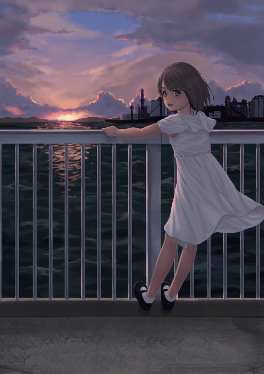 ass black_footwear brown_hair cloud cloudy_sky dress evening from_behind full_body harbor highres holding_on looking_at_viewer looking_back mary_janes mountainous_horizon ocean original outdoors purple_eyes railing ranma_(kamenrideroz) reflection shoes short_hair short_sleeves sky socks solo standing sunlight sunset tareme twilight water white_dress white_legwear