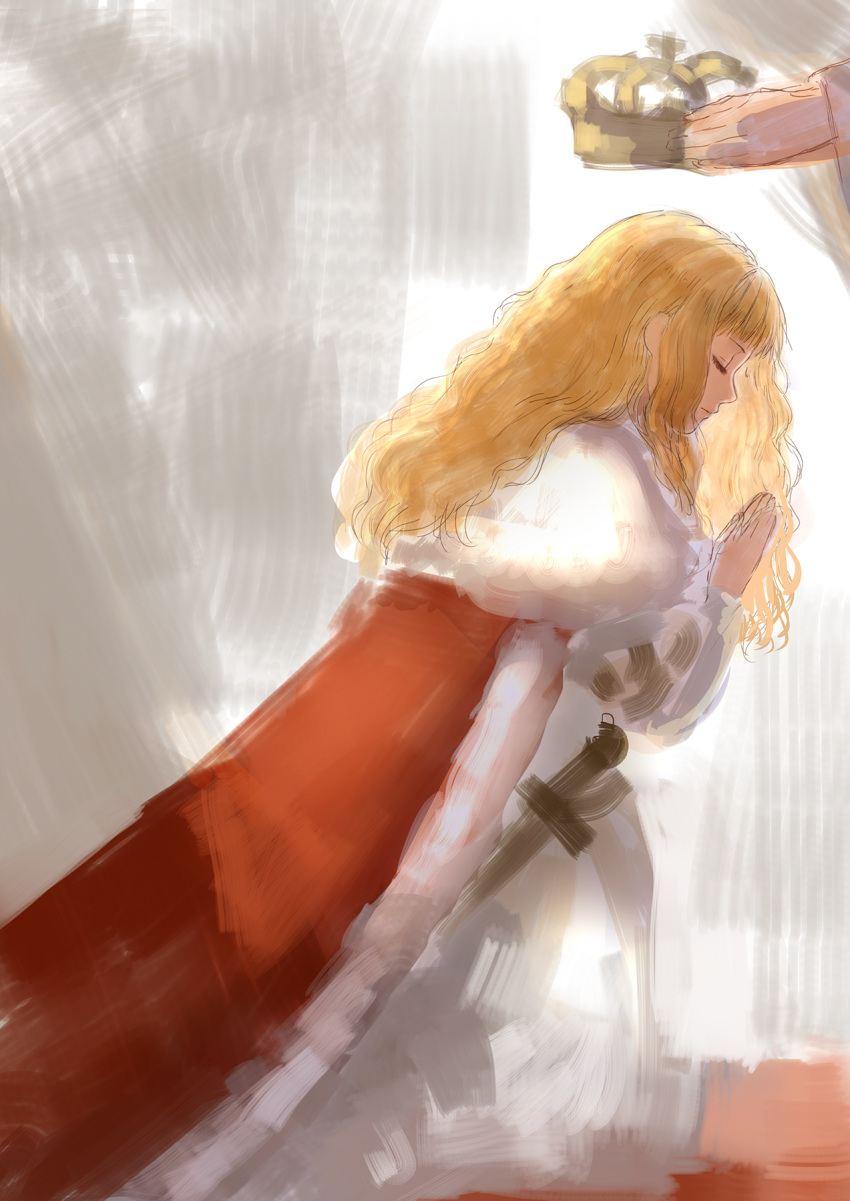 blonde_hair cape closed_eyes crown curly_hair from_side fur_trim highres kneeling long_hair original out_of_frame palms_together praying profile putting_on_headwear red_cape romiy sketch solo_focus sword weapon