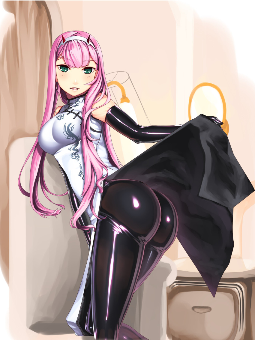 absurdres ass chair china_dress chinese_clothes darling_in_the_franxx drawer dress dress_lift gloves green_eyes hairband hiememiko highres lamp latex latex_gloves latex_legwear mirror pink_hair white_hairband zero_two_(darling_in_the_franxx)