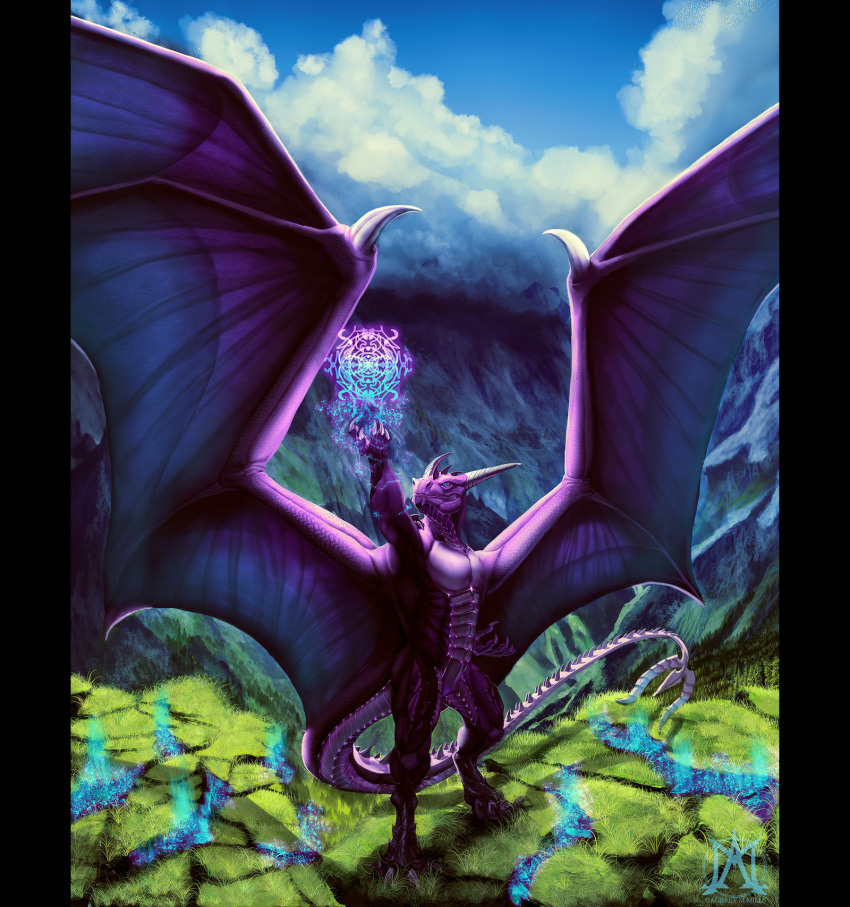 4_toes 5_fingers amazing_background anthro blue_eyes claws day detailed detailed_background digital_media_(artwork) digitigrade dragon grass horn male membranous_wings noctem-tenebris nude outside purple_scales scales scalie sky solo standing toes western_dragon wings