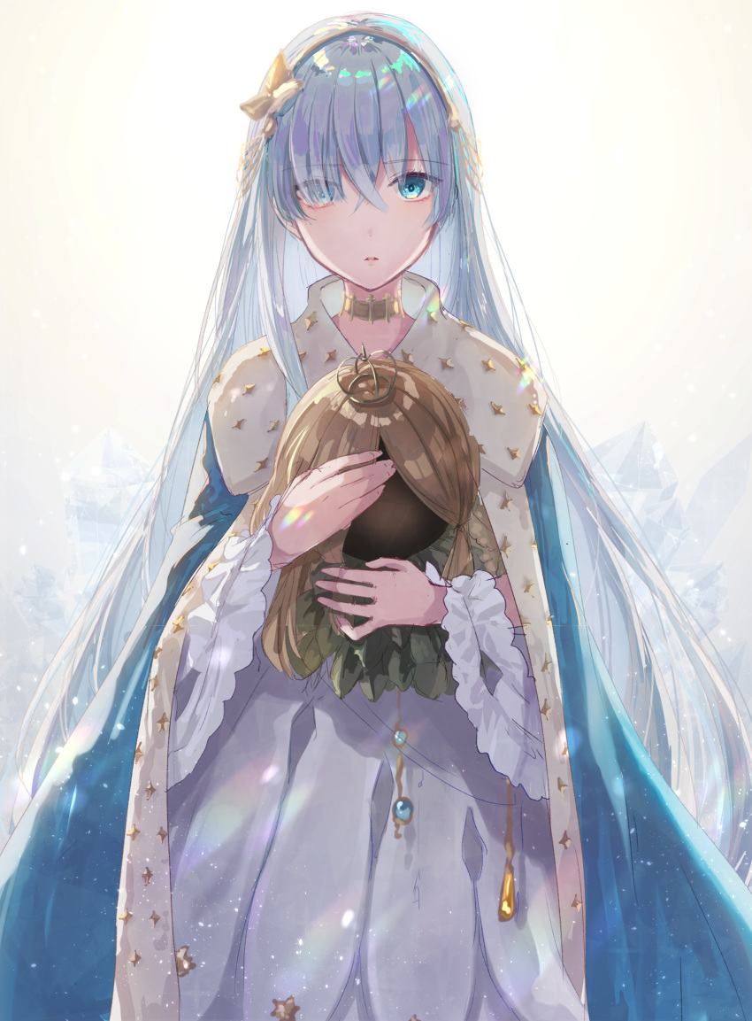 anastasia_(fate/grand_order) bangs blue_eyes cape choker commentary_request crossed_bangs crown doll dress eyebrows_visible_through_hair eyes_visible_through_hair fate/grand_order fate_(series) hair_between_eyes hair_over_one_eye hairband highres holding holding_doll ice jewelry long_hair looking_at_viewer mini_crown royal_robe shun-syun silver_hair solo standing very_long_hair white_dress winter