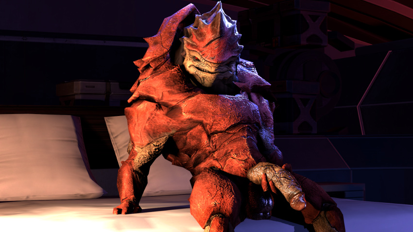 alien bed bedroom hadronighini humanoid krogan leaning male mass_effect muscular muscular_male not_furry penis pinup pose red_scales scales solo thick_penis urdnot_wrex video_games