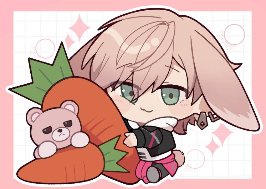 1boy :3 animal_ears black_jacket blush_stickers border carrot chibi chibi_only circle clothes_around_waist commentary_request earrings food green_eyes grid_background highres holding holding_carrot holostars hood hoodie jacket jacket_around_waist jewelry kemonomimi_mode lop_rabbit_ears male_focus outline oversized_food oversized_object pink_border pink_hair pink_jacket rabbit_boy rabbit_ears rabbit_tail rikka_(5th_costume)_(holostars) rikka_(holostars) sitting spanner_(holostars) sparkle stuffed_animal stuffed_toy tail teddy_bear virtual_youtuber white_background white_hoodie white_outline xxmabukaxx