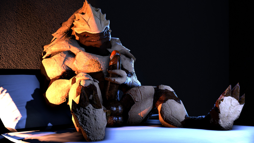 3d_(artwork) alien bed bedroom digital_media_(artwork) hadronighini krogan male mass_effect masturbation penis scales thick_penis video_games white_scales